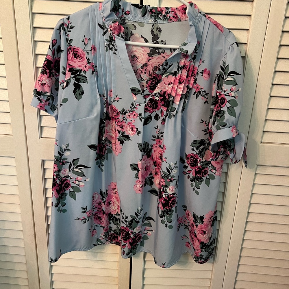 SHEIN Blue Blouse with Pink Floral Design